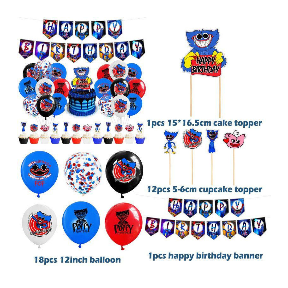 NobleRot Poppy Playtime Huggy Wuggy Geburtstagsdekorations-Set mit blauen Latexballons und Kuchenaufsätzen für Kinder - Bild 2