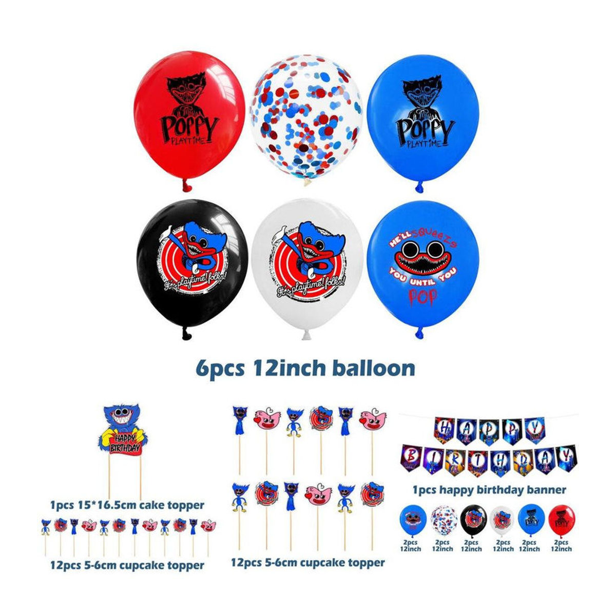 NobleRot Poppy Playtime Huggy Wuggy Geburtstagsdekorations-Set mit blauen Latexballons und Kuchenaufsätzen für Kinder - Bild 3