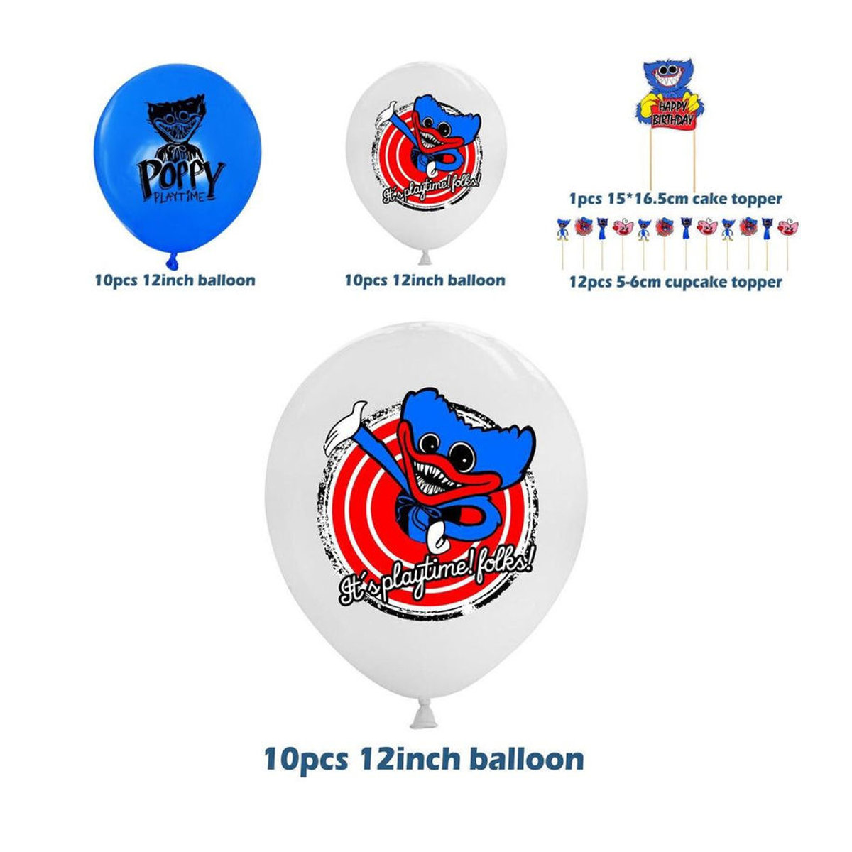 NobleRot Poppy Playtime Huggy Wuggy Geburtstagsdekorations-Set mit blauen Latexballons und Kuchenaufsätzen für Kinder - Bild 5