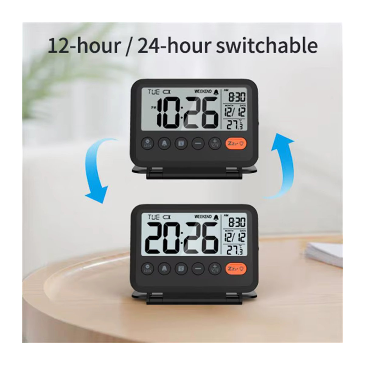 Noklead Digitale LCD Reiseuhr mit Thermometer und Kalender, Tragbarer Wecker in Schwarz oder Weiß - Bild 2