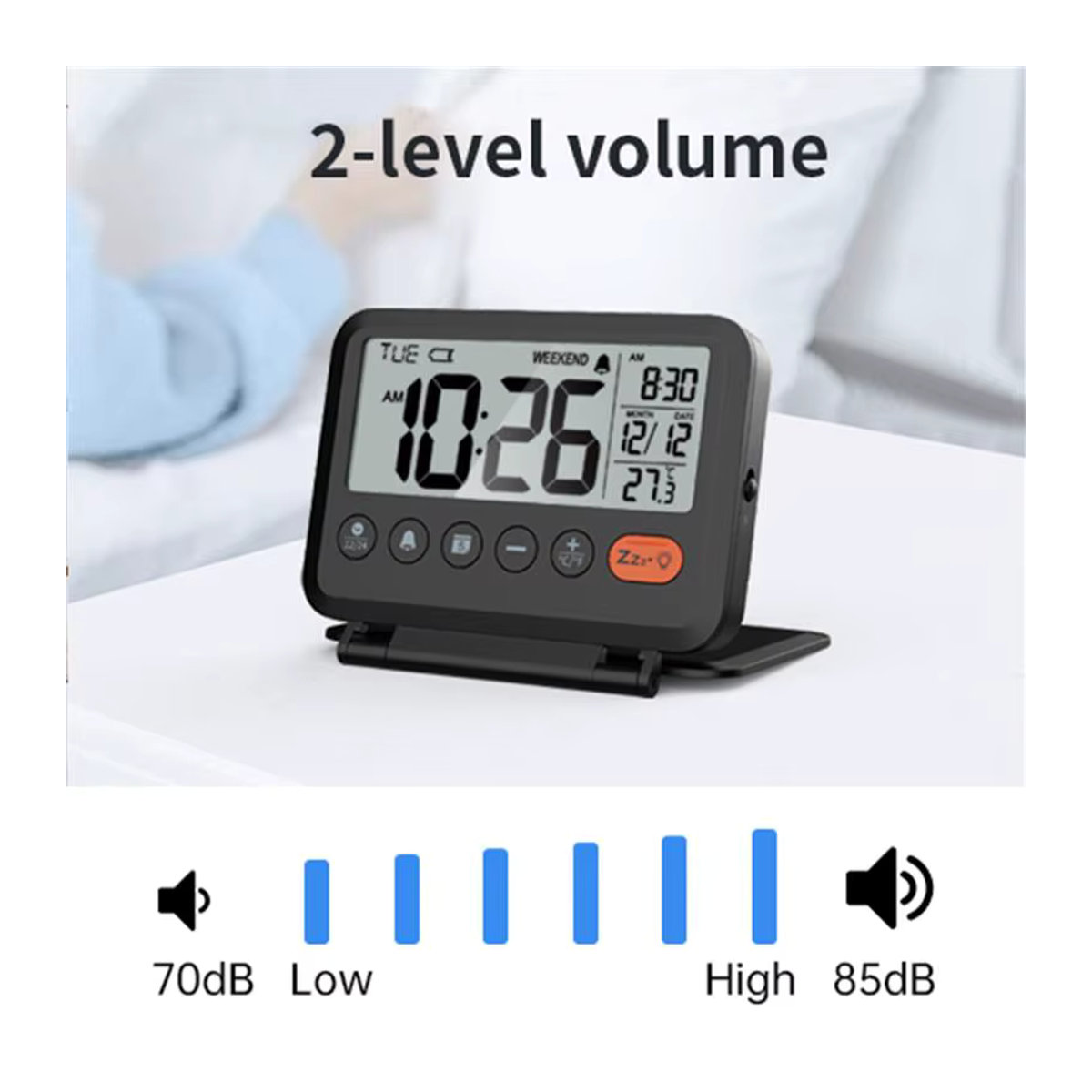 Noklead Digitale LCD Reiseuhr mit Thermometer und Kalender, Tragbarer Wecker in Schwarz oder Weiß - Bild 3