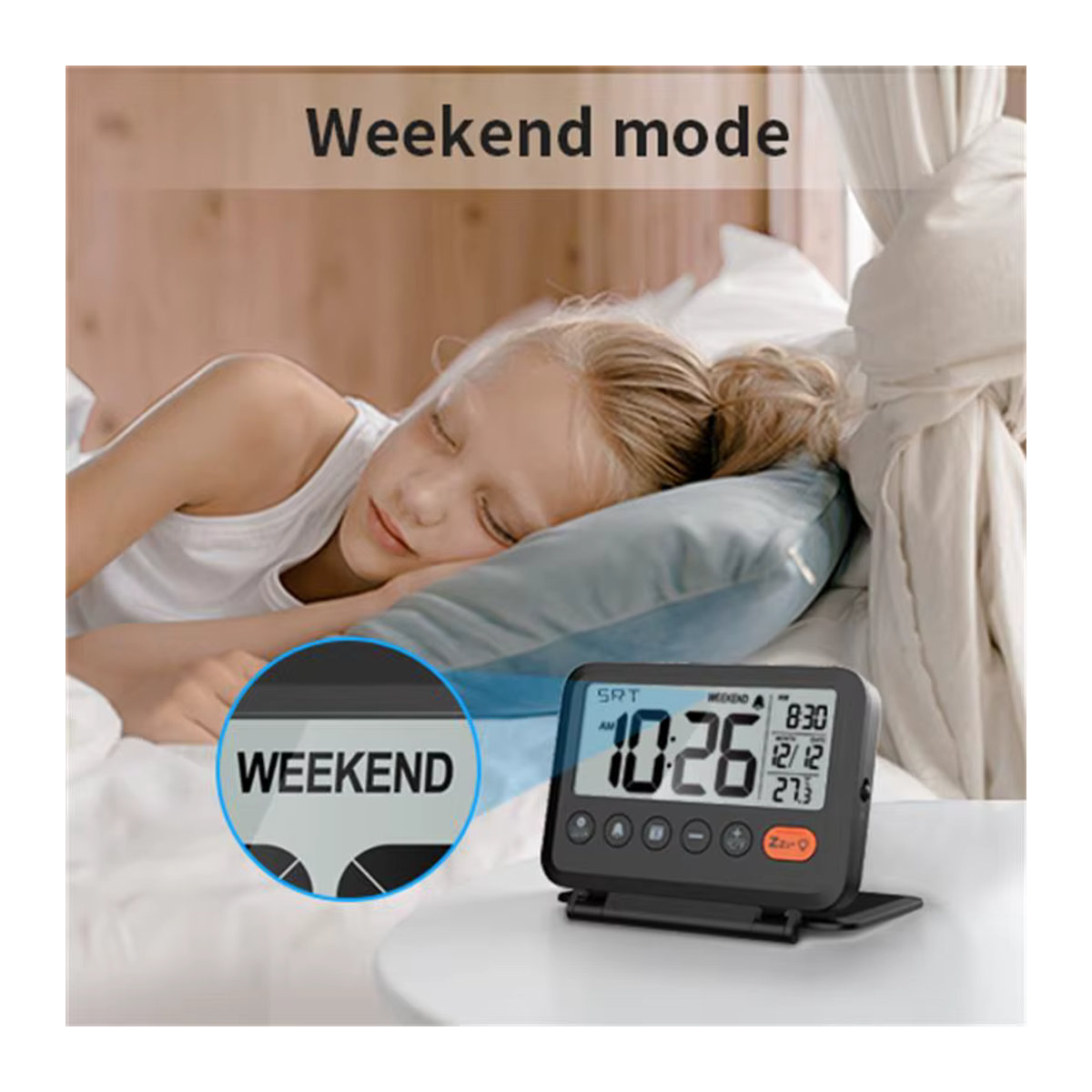 Noklead Digitale LCD Reiseuhr mit Thermometer und Kalender, Tragbarer Wecker in Schwarz oder Weiß - Bild 5