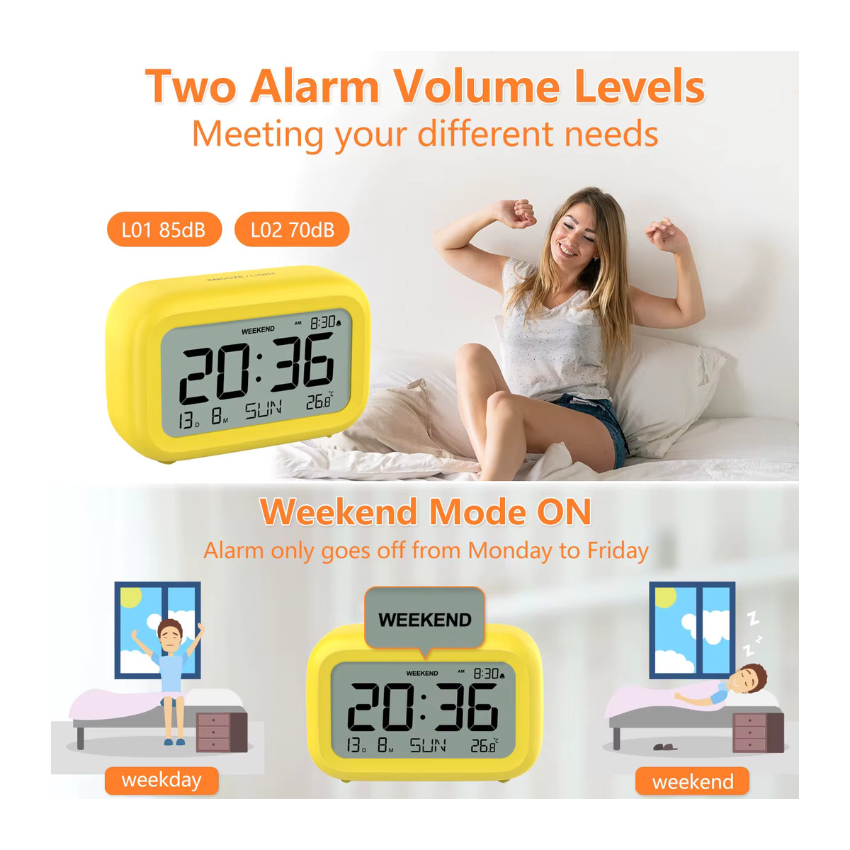 NOKLEAD Digitaler Tischwecker mit Hintergrundbeleuchtung und Kalenderfunktion, minimalistisches Design in Weiß und Gelb, ideal für Kinder, Home Office und Schlafzimmer - Bild 2