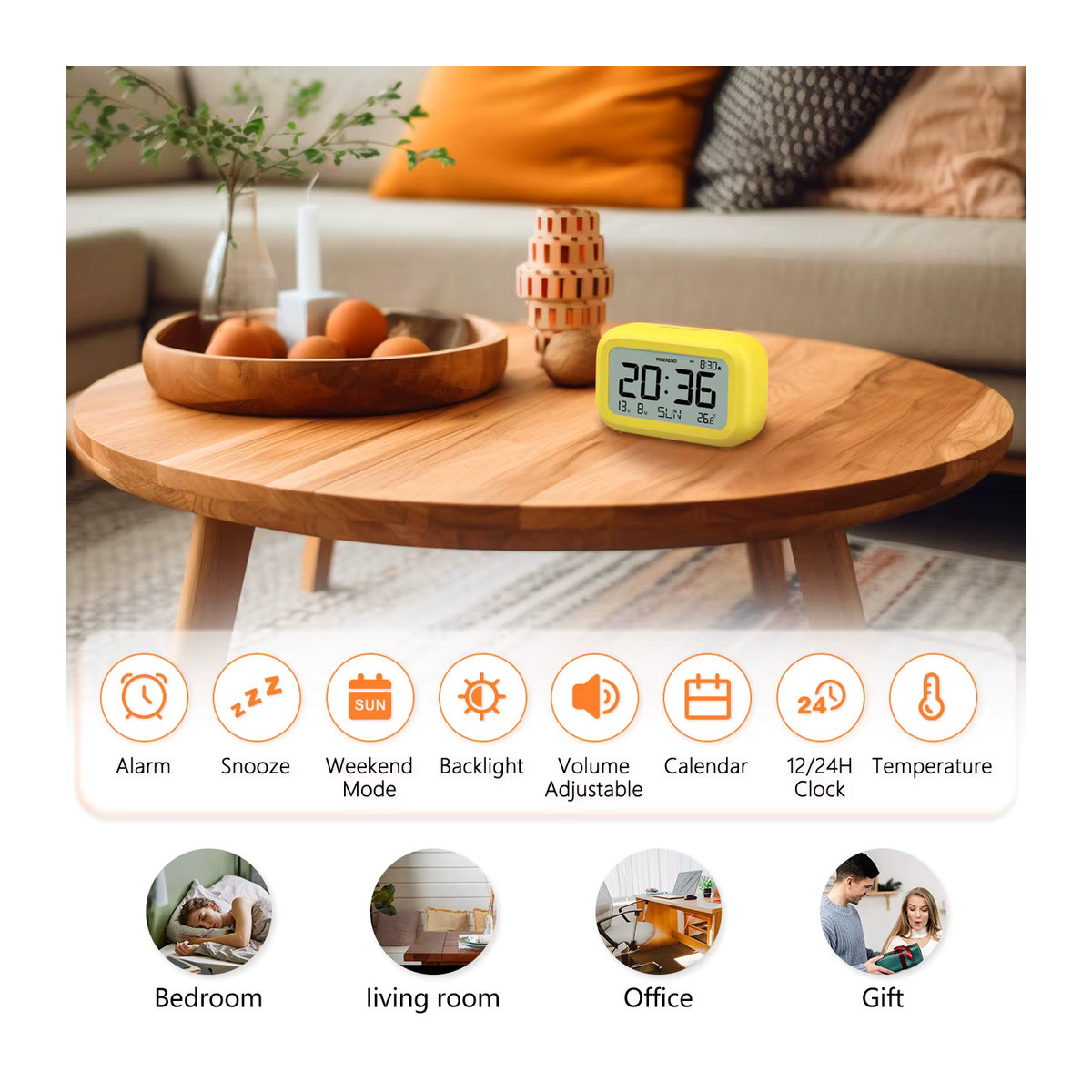 NOKLEAD Digitaler Tischwecker mit Hintergrundbeleuchtung und Kalenderfunktion, minimalistisches Design in Weiß und Gelb, ideal für Kinder, Home Office und Schlafzimmer - Bild 3