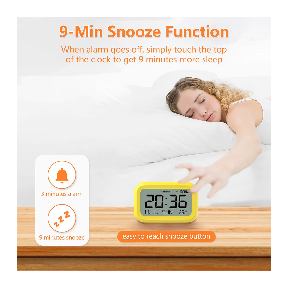 NOKLEAD Digitaler Tischwecker mit Hintergrundbeleuchtung und Kalenderfunktion, minimalistisches Design in Weiß und Gelb, ideal für Kinder, Home Office und Schlafzimmer - Bild 4