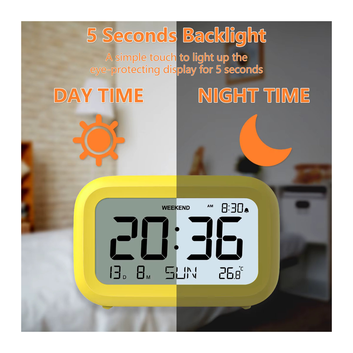 NOKLEAD Digitaler Tischwecker mit Hintergrundbeleuchtung und Kalenderfunktion, minimalistisches Design in Weiß und Gelb, ideal für Kinder, Home Office und Schlafzimmer - Bild 5