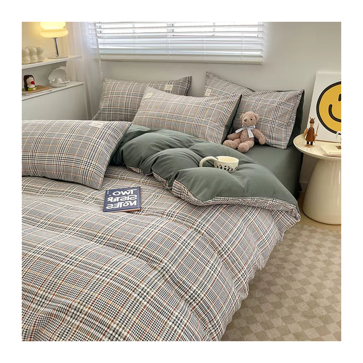 Nordic Plaid Bettwäsche Set aus Baumwolle mit Karo Muster bestehend aus Bettbezug, Kissenbezügen und Bettlaken in Königsgroße - Bild 4