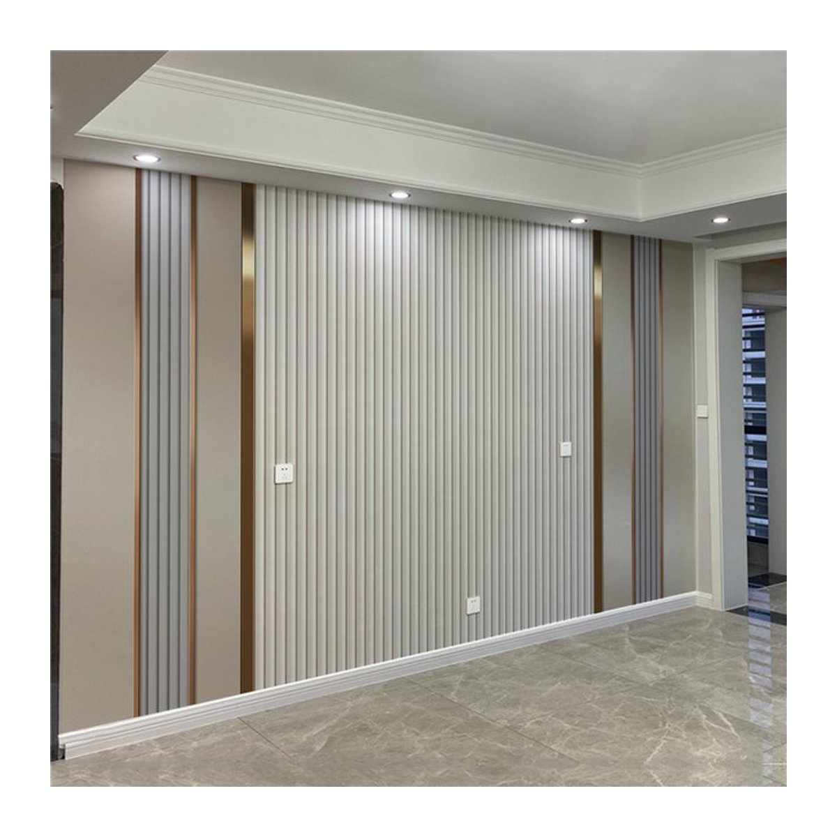 Nordische geometrische Wandtapete mit Metallstreifen-Optik in Grau für Wohnzimmer und Büro - Bild 1