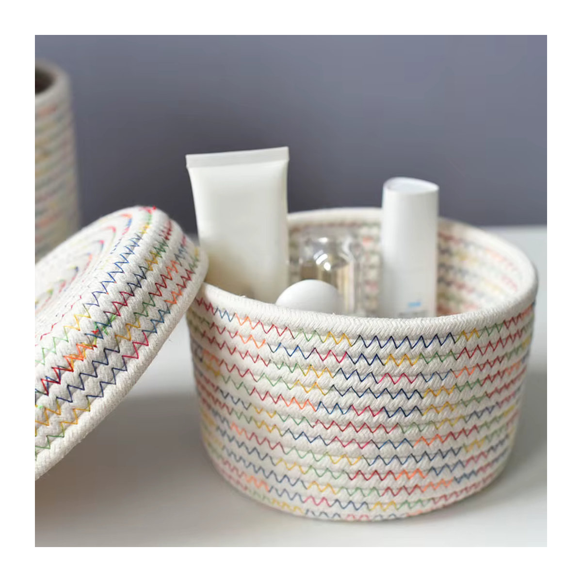 Nordischer Aufbewahrungskorb aus gewebtem Baumwollseil mit Deckel, Organizer-Box in Grau, B/T/H: 18 x 12 x 12 cm - Bild 2