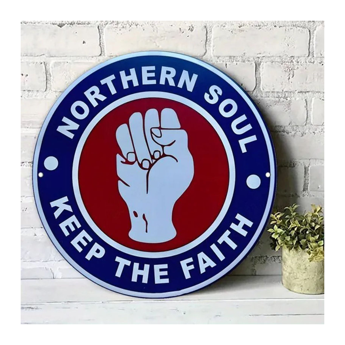 Northern Soul Rundes Aluminium-Metallschild mit Faust-Design in Blau, Vintage Wanddekoration für Innen und Außen - Bild 1