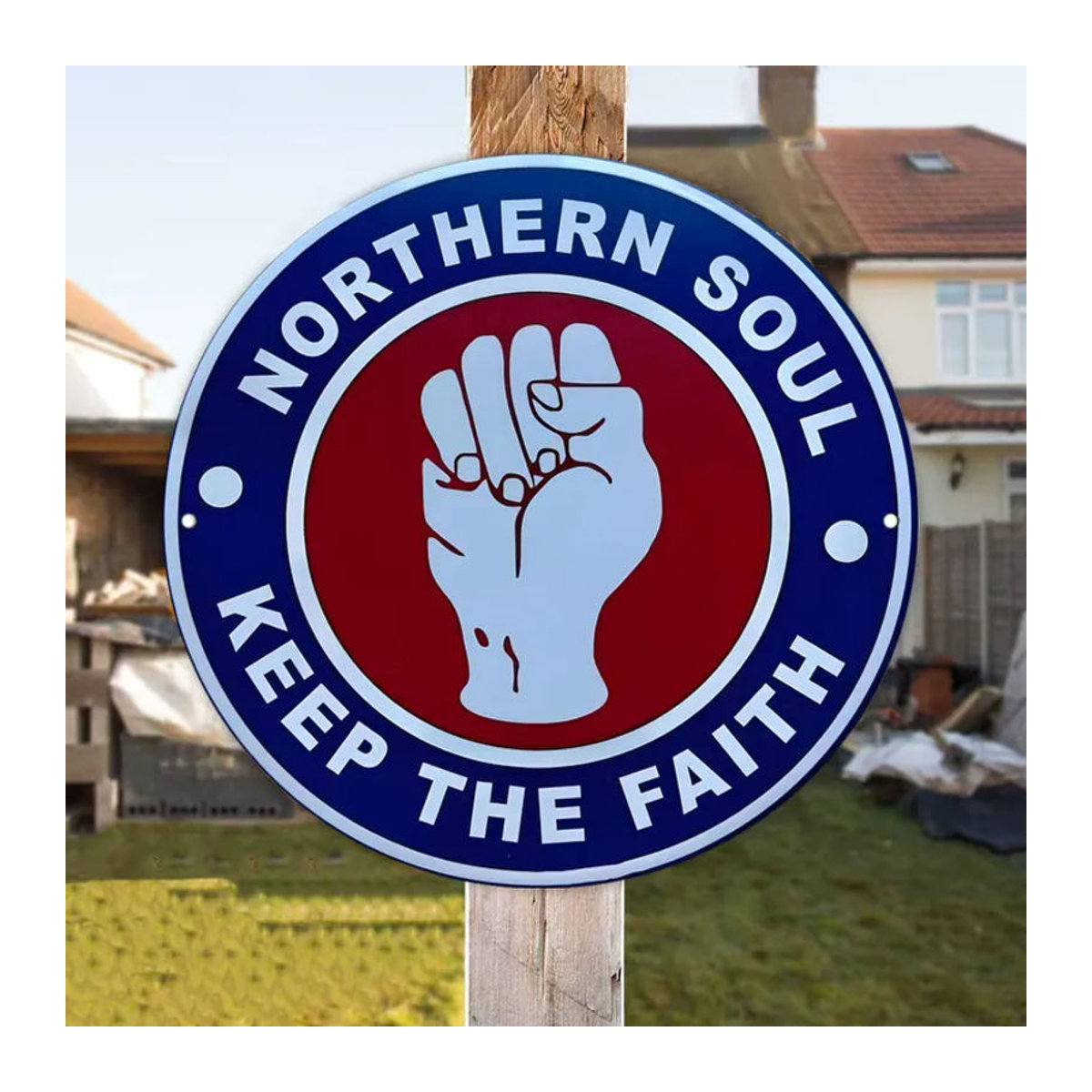 Northern Soul Rundes Aluminium-Metallschild mit Faust-Design in Blau, Vintage Wanddekoration für Innen und Außen - Bild 6
