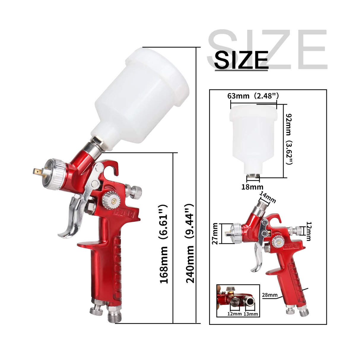 NuoDunco Professionelle pneumatische HVLP Mini-Farbspritzpistole mit 0,8 mm und 1 mm Düse in Rot - Bild 2