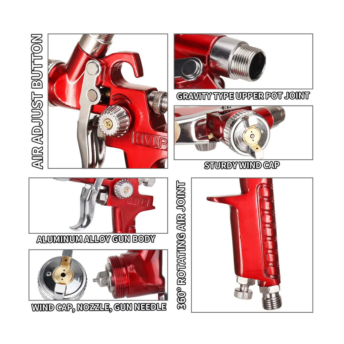 NuoDunco Professionelle pneumatische HVLP Mini-Farbspritzpistole mit 0,8 mm und 1 mm Düse in Rot - Bild 4