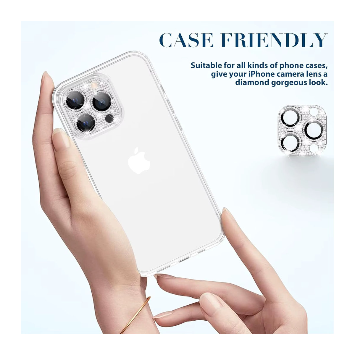 NYFundas Kameraobjektiv Schutzabdeckung mit Glitzer Diamant Strass in Silber für iPhone 16 Pro Max 15 Plus 14 13 Mini 12 11 - Bild 2