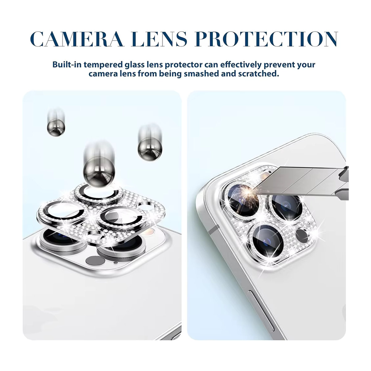 NYFundas Kameraobjektiv Schutzabdeckung mit Glitzer Diamant Strass in Silber für iPhone 16 Pro Max 15 Plus 14 13 Mini 12 11 - Bild 6