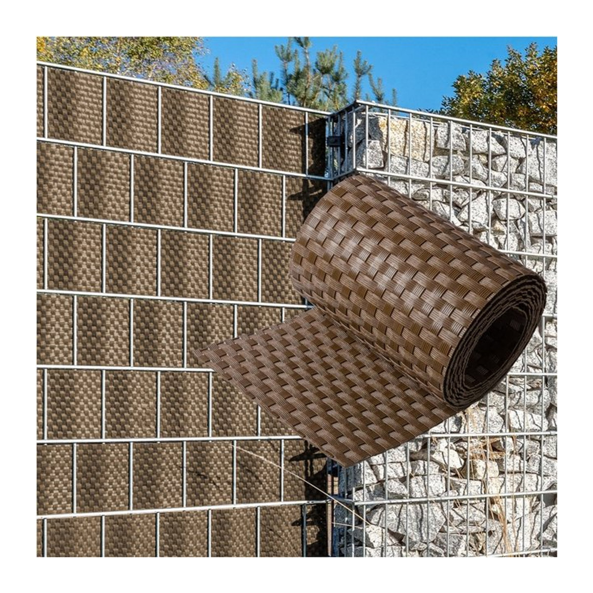 NYVI Polyrattan Sichtschutzstreifen Privafence für Doppelstabmattenzaun, Braun, 10 Stück, Länge: 255 cm, Höhe: 19 cm - Bild 1