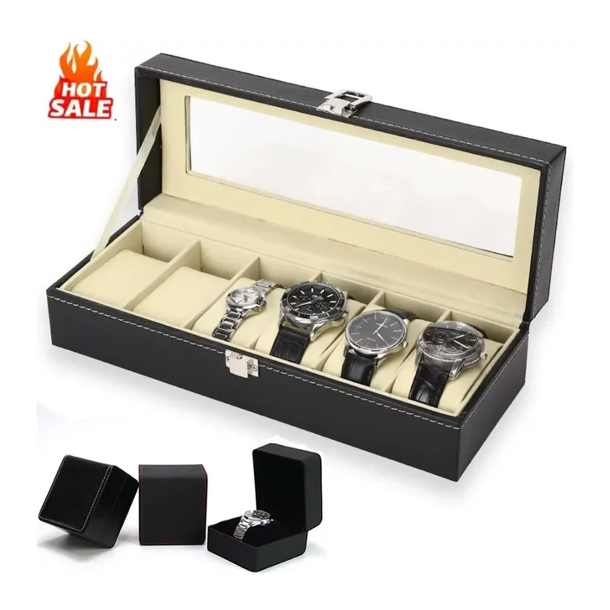 OAKCHARM Uhrenbox aus PU-Leder mit Glasdeckel in Schwarz für deine Uhrensammlung - Bild 1