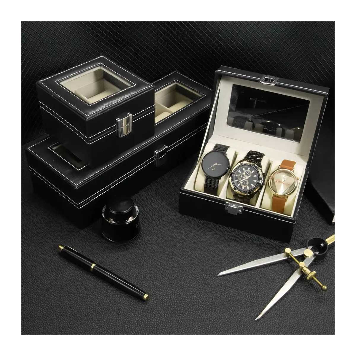OAKCHARM Uhrenbox aus PU-Leder mit Glasdeckel in Schwarz für deine Uhrensammlung - Bild 3
