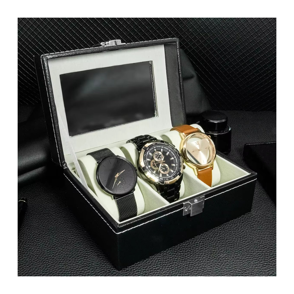 OAKCHARM Uhrenbox aus PU-Leder mit Glasdeckel in Schwarz für deine Uhrensammlung - Bild 4