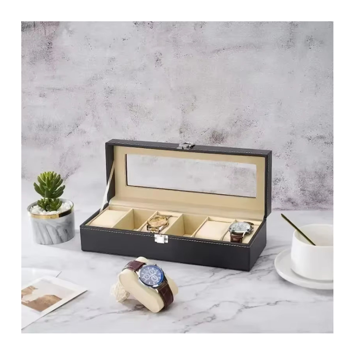 OAKCHARM Uhrenbox aus PU-Leder mit Glasdeckel in Schwarz für deine Uhrensammlung - Bild 5