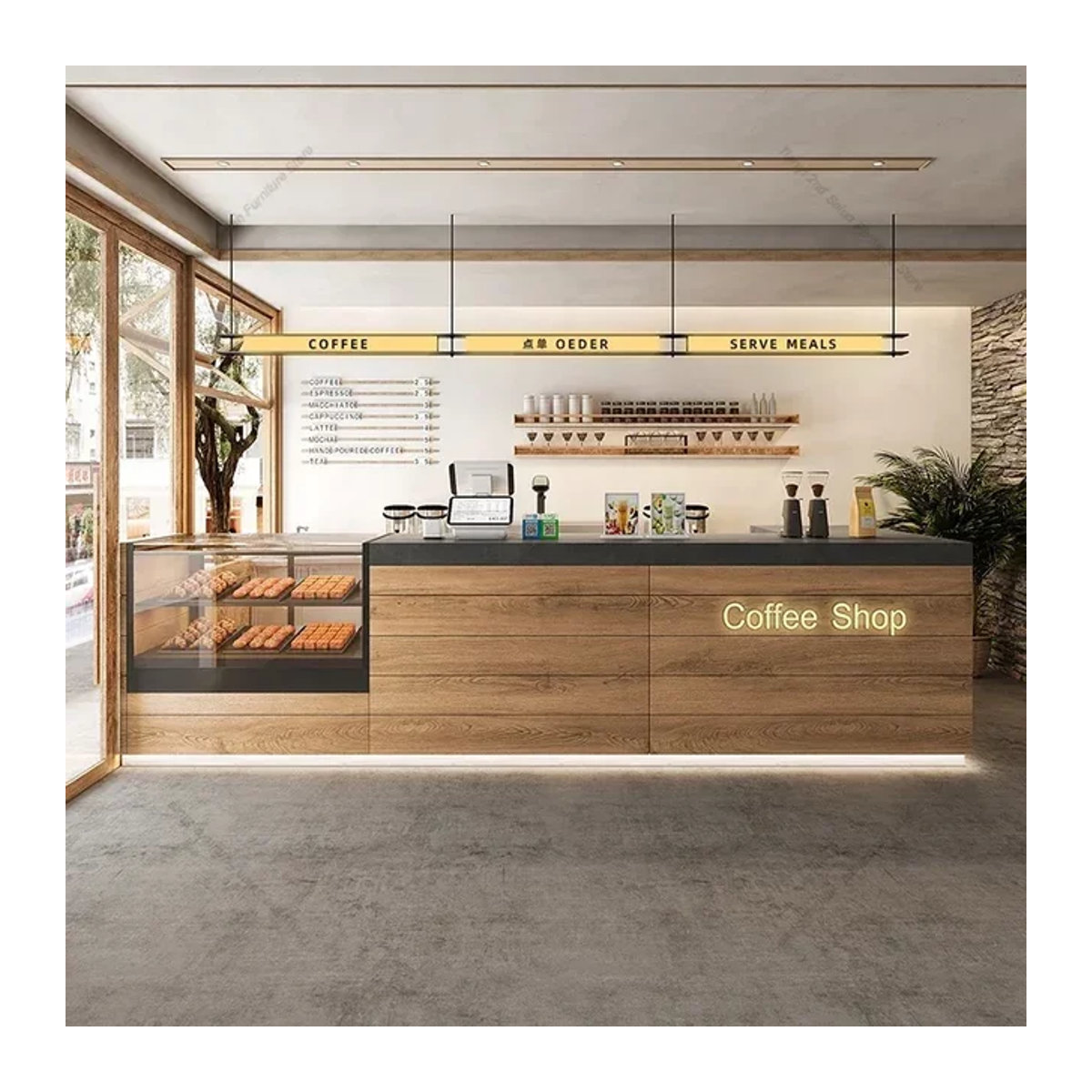 OAKCIA Empfangstheke für Bäckerei und Coffee Shop mit transparentem Glasschrank und Holzdesign in Braun/Eiche - Bild 1