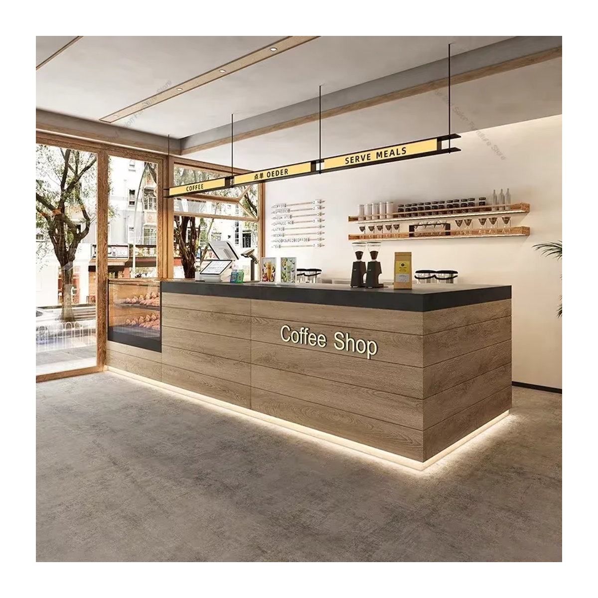 OAKCIA Empfangstheke für Bäckerei und Coffee Shop mit transparentem Glasschrank und Holzdesign in Braun/Eiche - Bild 2