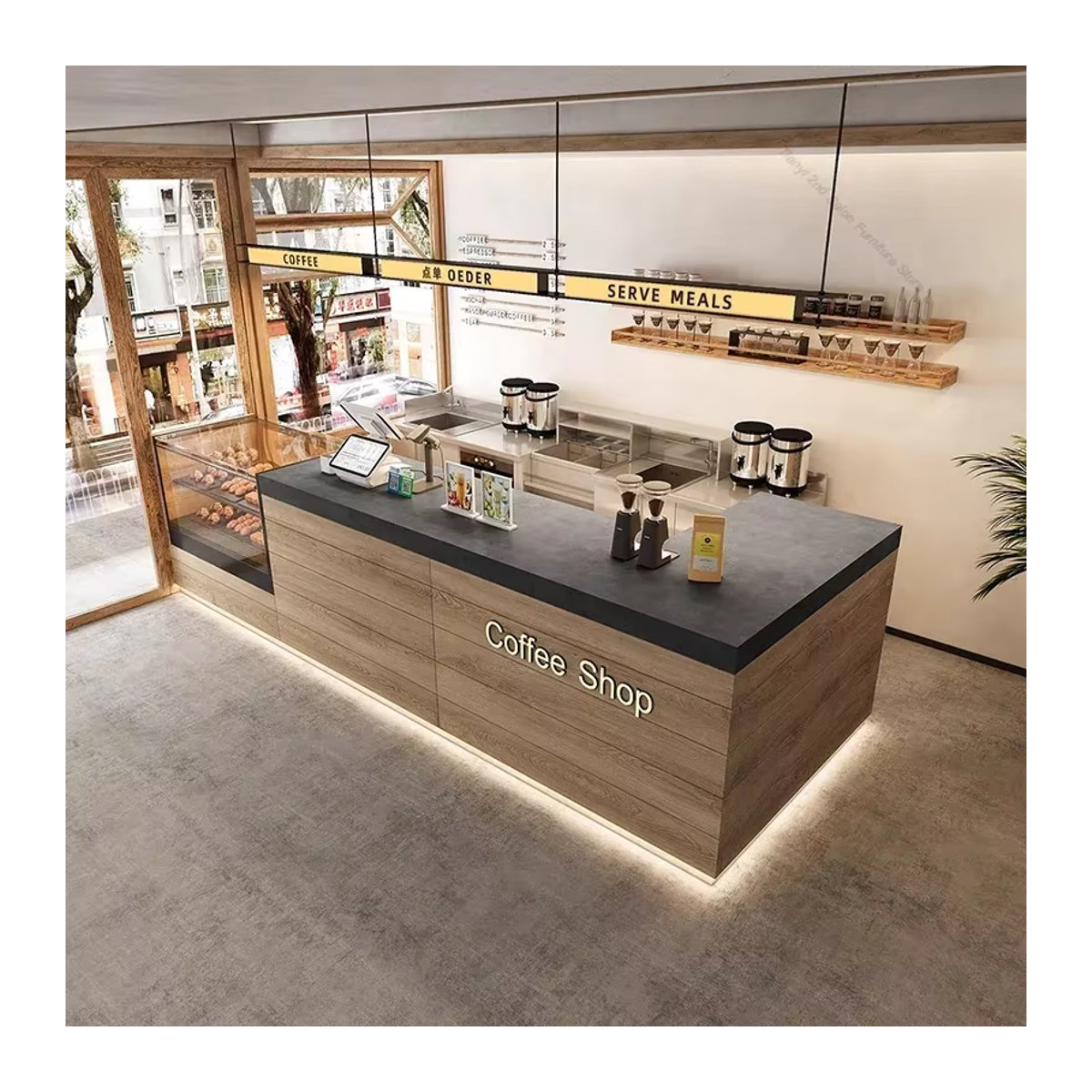 OAKCIA Empfangstheke für Bäckerei und Coffee Shop mit transparentem Glasschrank und Holzdesign in Braun/Eiche - Bild 3