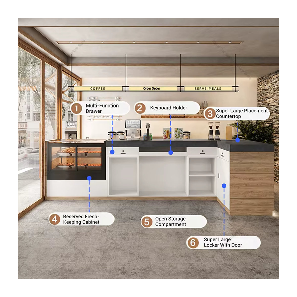 OAKCIA Empfangstheke für Bäckerei und Coffee Shop mit transparentem Glasschrank und Holzdesign in Braun/Eiche - Bild 4