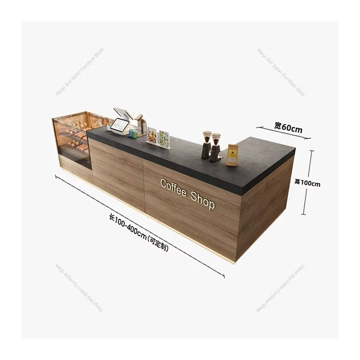 OAKCIA Empfangstheke für Bäckerei und Coffee Shop mit transparentem Glasschrank und Holzdesign in Braun/Eiche - Bild 5