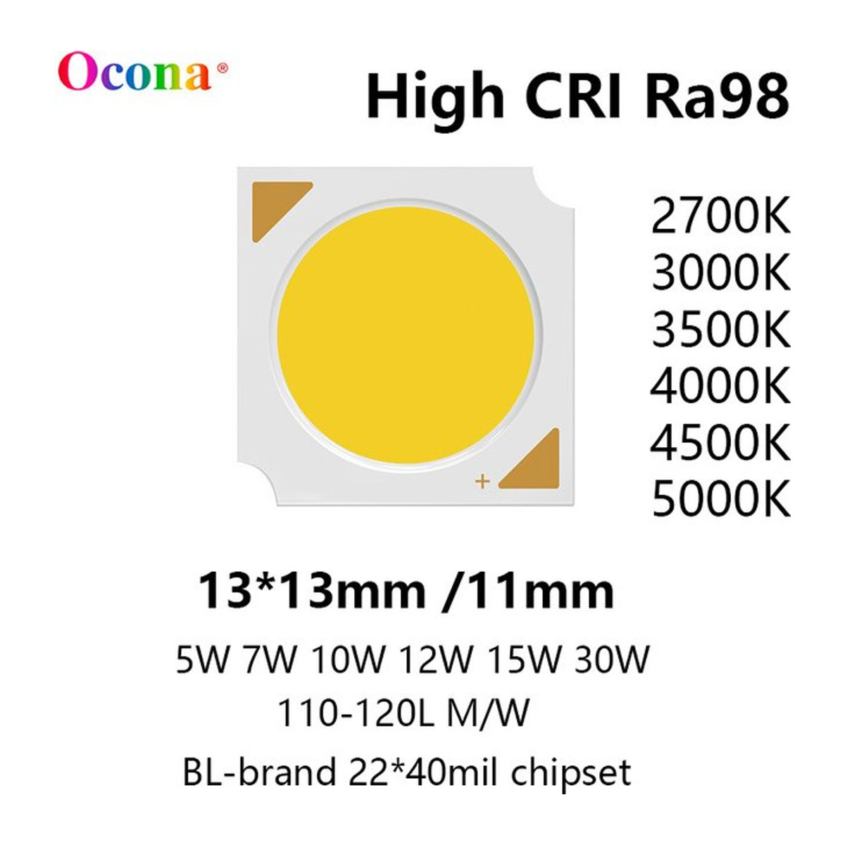 OCONA COB LED Chip Array Warmweiß High CRI Ra98 SDCM3 13 x 13 mm für Spotlights und Downlights - Bild 1