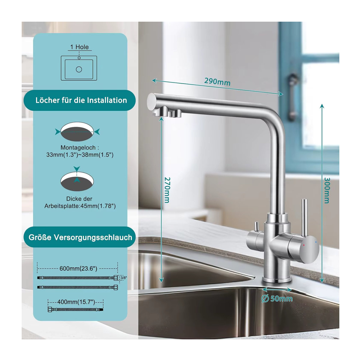 Oeegoo 3-Wege-Küchenarmatur aus Edelstahl mit 2 Hebeln und 360 Grad Drehbarkeit für Wasserfilter, moderne Küchenmischbatterie - Bild 2