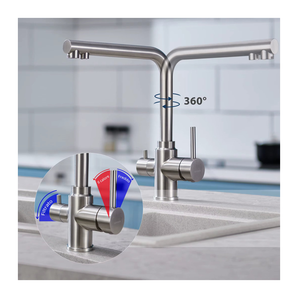 Oeegoo 3-Wege-Küchenarmatur aus Edelstahl mit 2 Hebeln und 360 Grad Drehbarkeit für Wasserfilter, moderne Küchenmischbatterie - Bild 3