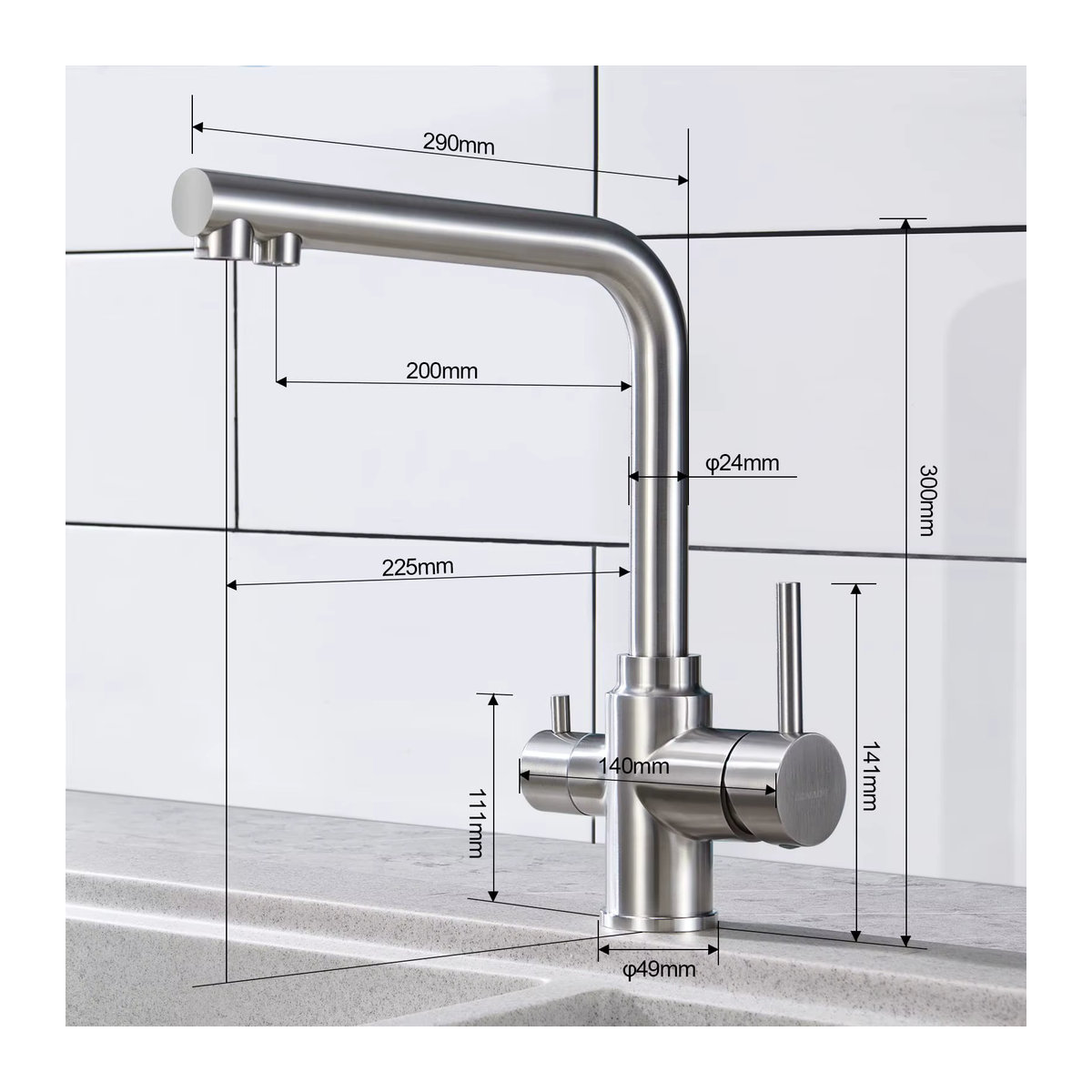 Oeegoo 3-Wege-Küchenarmatur aus Edelstahl mit 2 Hebeln und 360 Grad Drehbarkeit für Wasserfilter, moderne Küchenmischbatterie - Bild 5