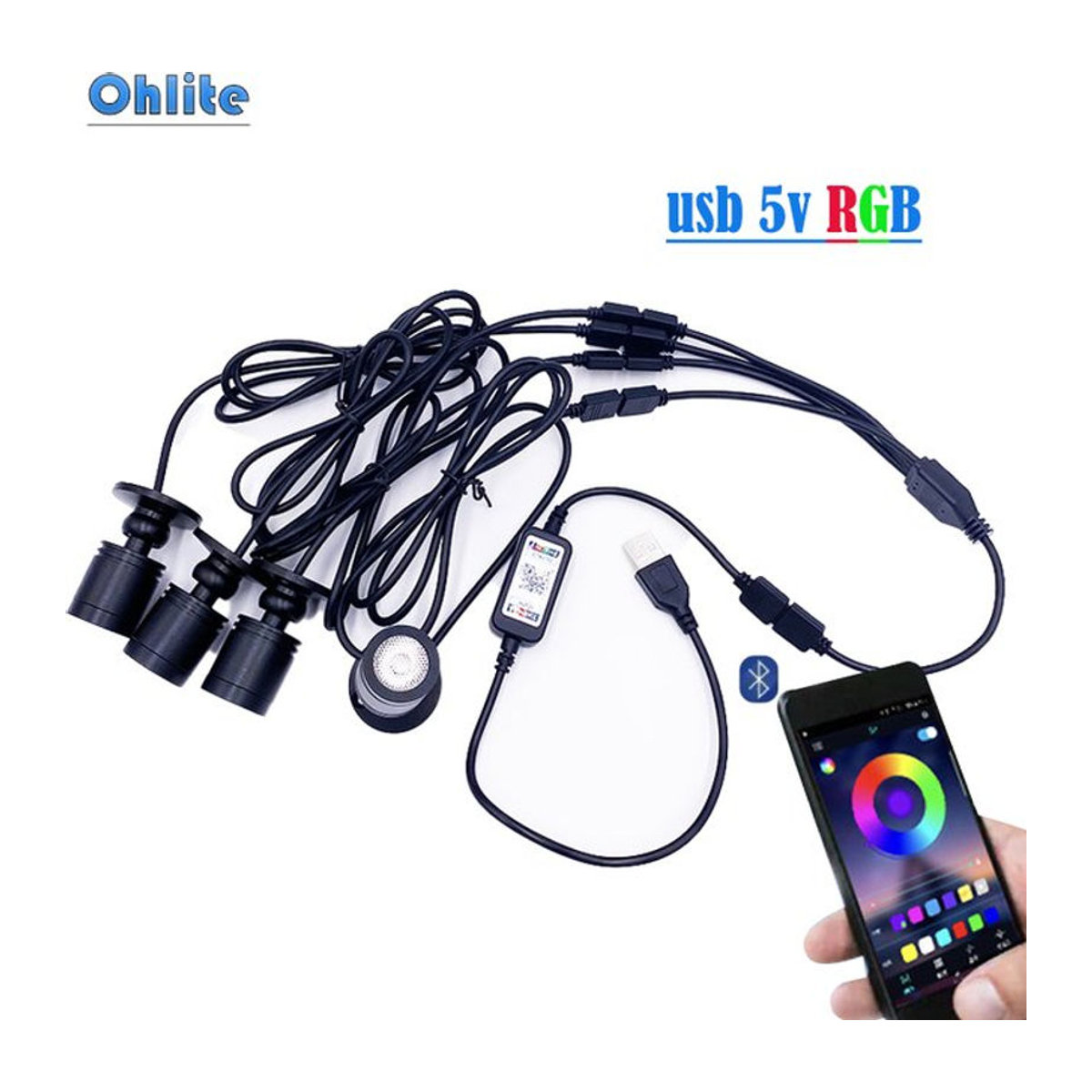 Ohlite RGB LED Einbaustrahler mit Bluetooth APP Steuerung und USB 5V Anschluss für Vitrine und Regal in Bunt, Weiß oder Schwarz - Bild 1