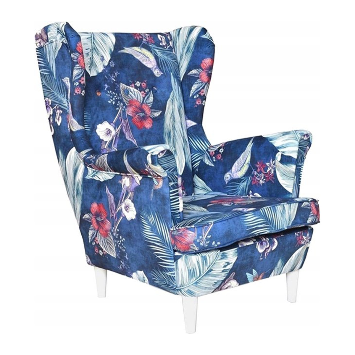 Ohrensessel ARI PRINT von Family Meble im skandinavischen Design, marineblau mit Vogelmuster - Bild 1