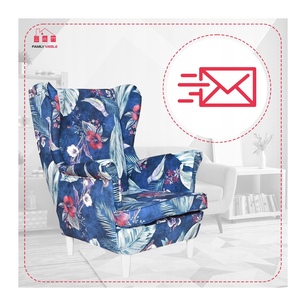 Ohrensessel ARI PRINT von Family Meble im skandinavischen Design, marineblau mit Vogelmuster - Bild 2