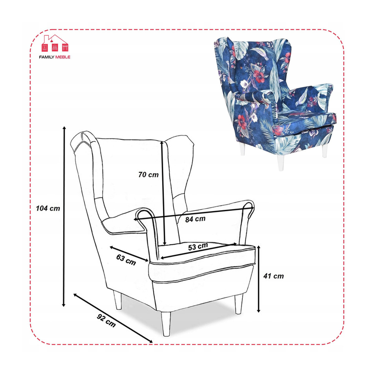 Ohrensessel ARI PRINT von Family Meble im skandinavischen Design, marineblau mit Vogelmuster - Bild 4