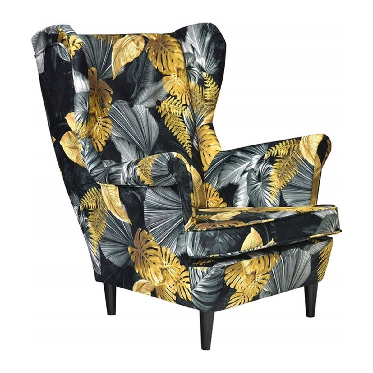 Ohrensessel ARI PRINT von Family Meble im skandinavischen Design mit Monstera-Print in Gold, Schwarz und Multicolor - Bild 1