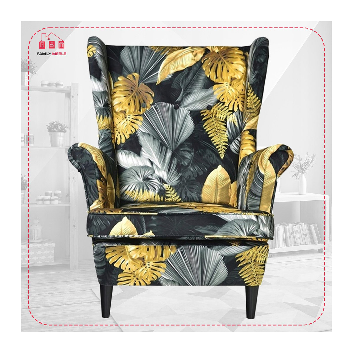 Ohrensessel ARI PRINT von Family Meble im skandinavischen Design mit Monstera-Print in Gold, Schwarz und Multicolor - Bild 2