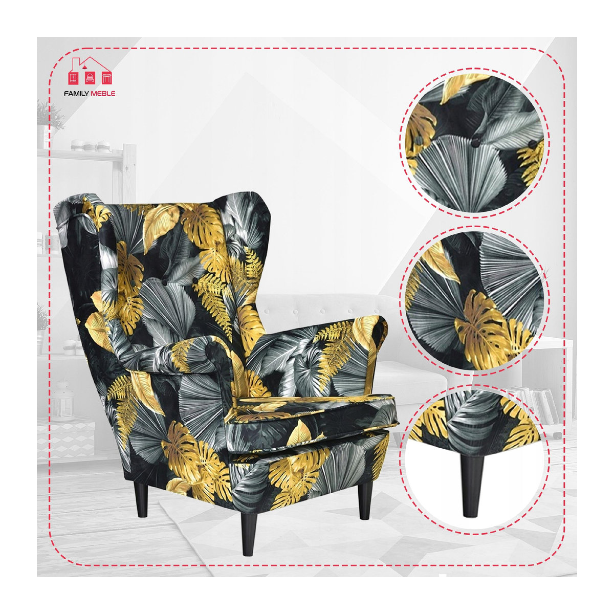 Ohrensessel ARI PRINT von Family Meble im skandinavischen Design mit Monstera-Print in Gold, Schwarz und Multicolor - Bild 4