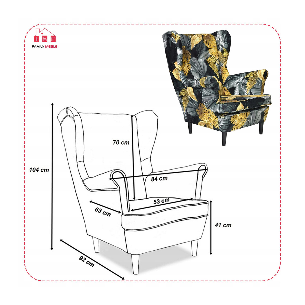 Ohrensessel ARI PRINT von Family Meble im skandinavischen Design mit Monstera-Print in Gold, Schwarz und Multicolor - Bild 5