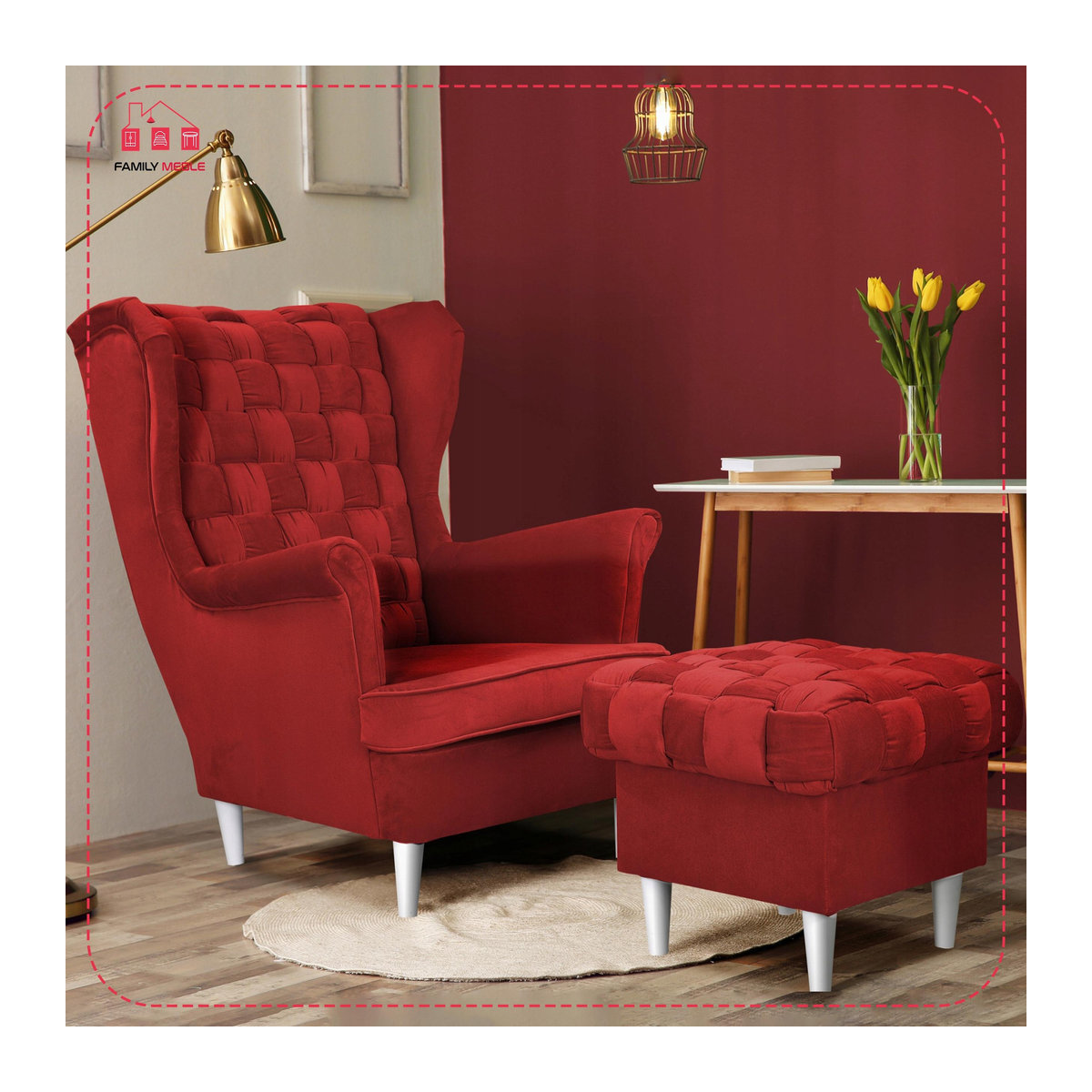 Ohrensessel Carol mit Hocker von Family Meble in skandinavischem Design, rot - Bild 2