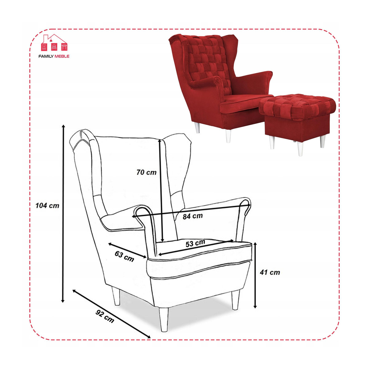 Ohrensessel Carol mit Hocker von Family Meble in skandinavischem Design, rot - Bild 3