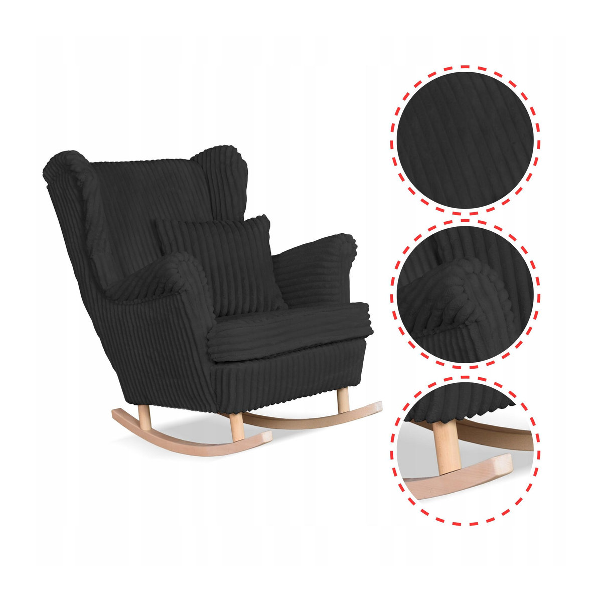 Ohrensessel Rene Schaukel von Family Möbel im skandinavischen Design aus Cord in Schwarz, B/T/H: 84 x 92 x 104 cm - Bild 2