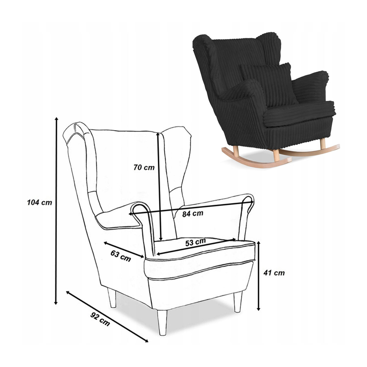 Ohrensessel Rene Schaukel von Family Möbel im skandinavischen Design aus Cord in Schwarz, B/T/H: 84 x 92 x 104 cm - Bild 3