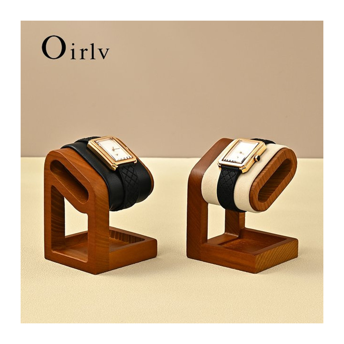 Oirlv Holz Schmuck Organizer und Uhren Display Stand in Braun und Beige mit Textiloberfläche - Bild 1