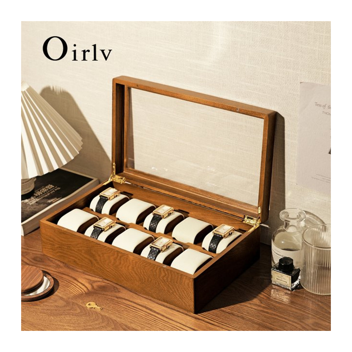 Oirlv Luxus Uhrenbox aus Holz mit 10 Slots und Deckel in Braun und Grau für Männer - Bild 1