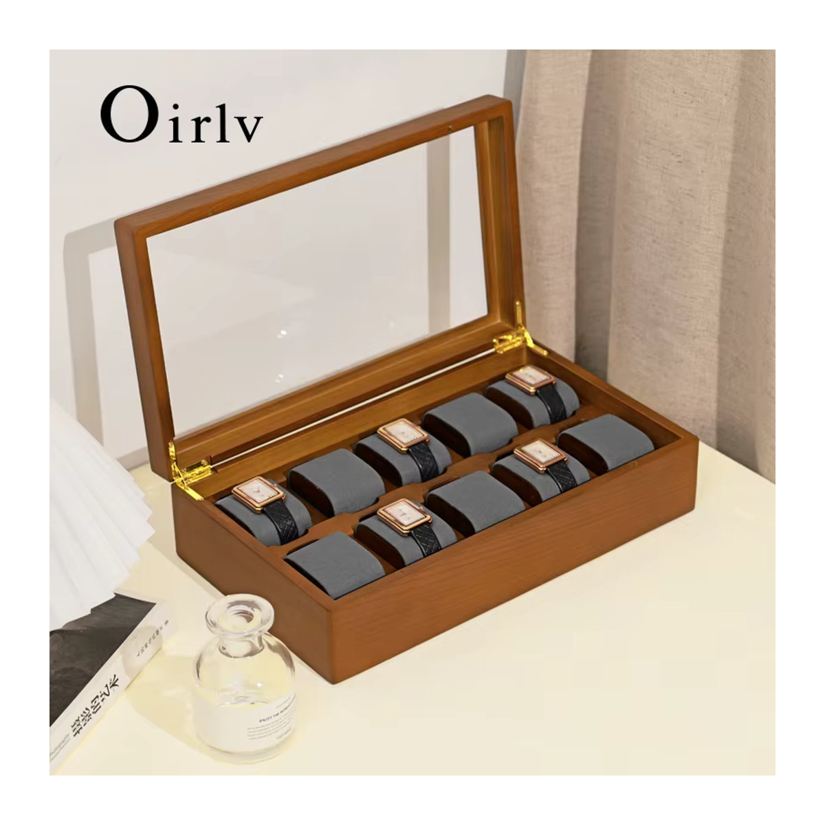 Oirlv Luxus Uhrenbox aus Holz mit 10 Slots und Deckel in Braun und Grau für Männer - Bild 2