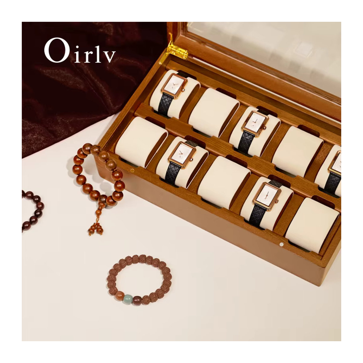 Oirlv Luxus Uhrenbox aus Holz mit 10 Slots und Deckel in Braun und Grau für Männer - Bild 3