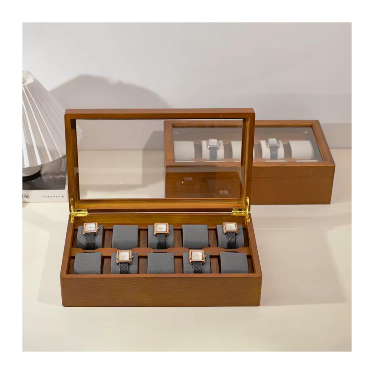 Oirlv Luxus Uhrenbox aus Holz mit 10 Slots und Deckel in Braun und Grau für Männer - Bild 4